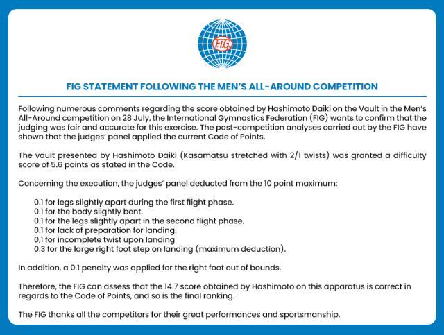 天天盈球即时比分直播-国际体联公布桥本跳马打分细节 确认结果符合规则